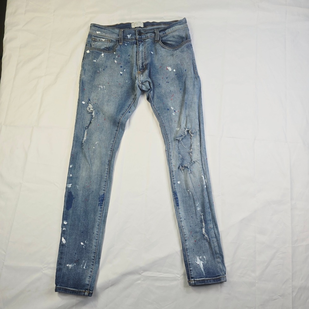 Syndicate Men's Distressed Paint Splatter Skinny Jeans Size 28 X 29 Light Wash